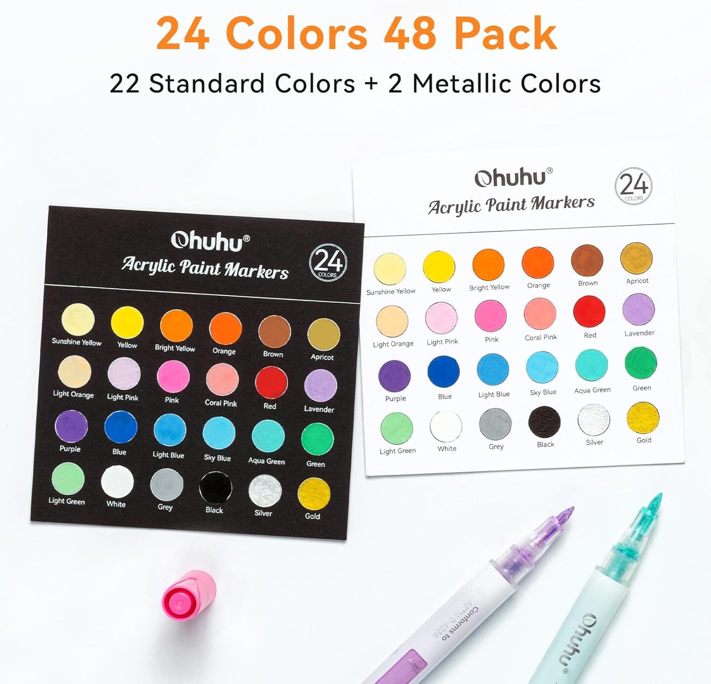 Ohuhu Acrylic Paint Markers 48 PCS 24 Colors Double Pack of Fine Tip & Reversible Tips (Chisel & Round) Acrylic Markers High Opacity Paint Pens for Rock Painting Easter Egg Wood Glass Ceramic Canvas