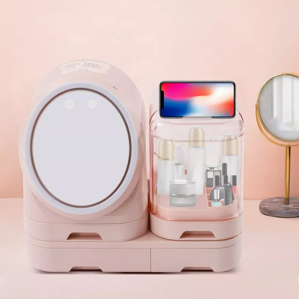 Makeup Organizer Modern Jewelry Cosmetic Storage With 3 Level LED &#x26; Mirror &#x26; Fan