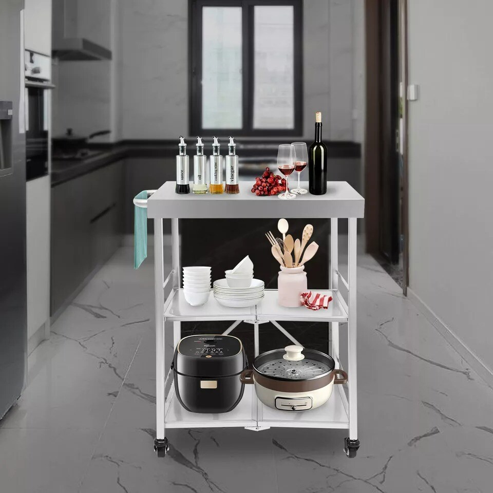 3 Tiers Utility Cart with Wheels Storage Shelf Kitchen Cart Fold Stainless Steel