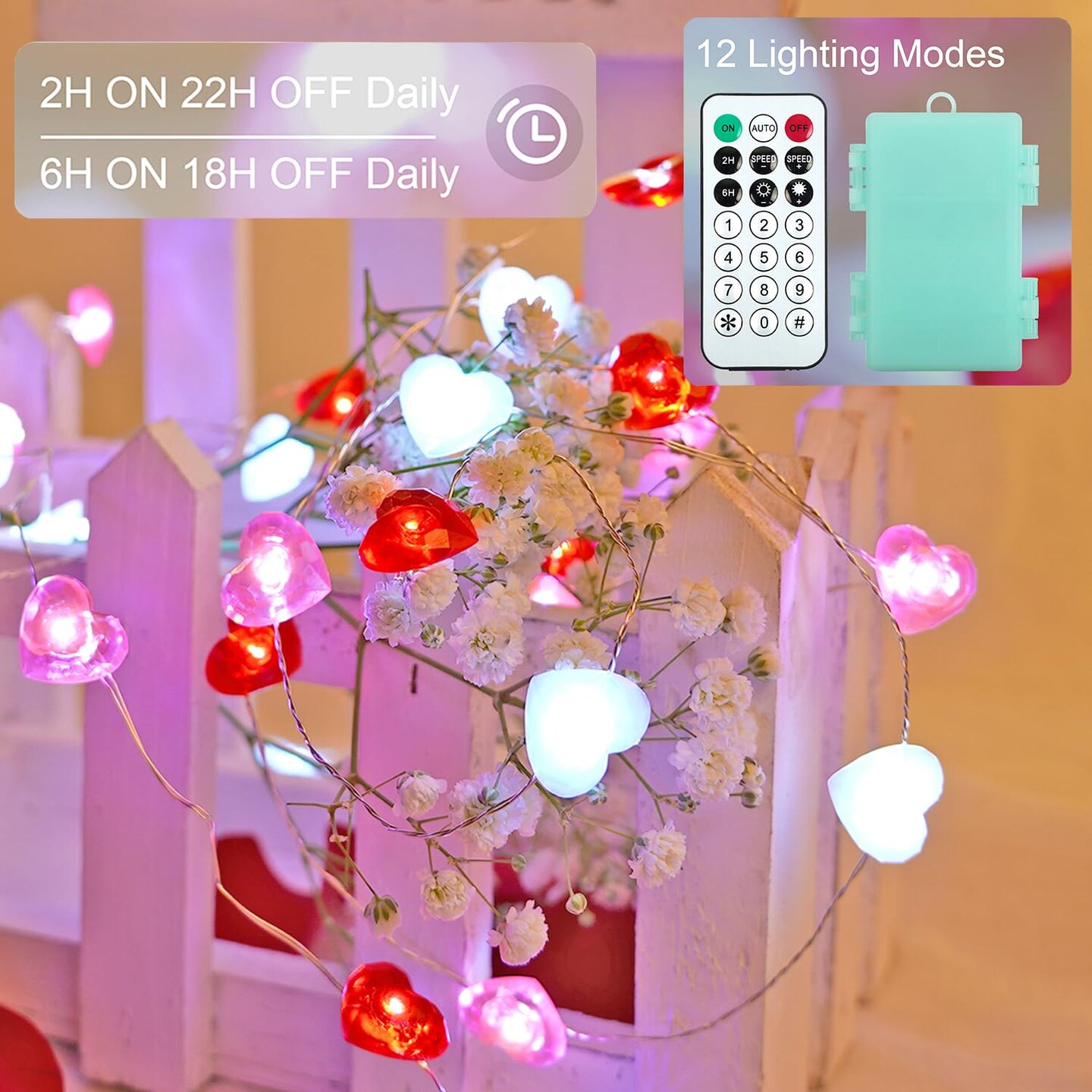 Libreath Valentines Day Decor 10 ft 40 LEDs Red White Pink Heart String Lights Battery Operated Garland Valentines Day Lights with Timer Valentines Day Decorations for The Home Indoor Mother&#x27;s Day