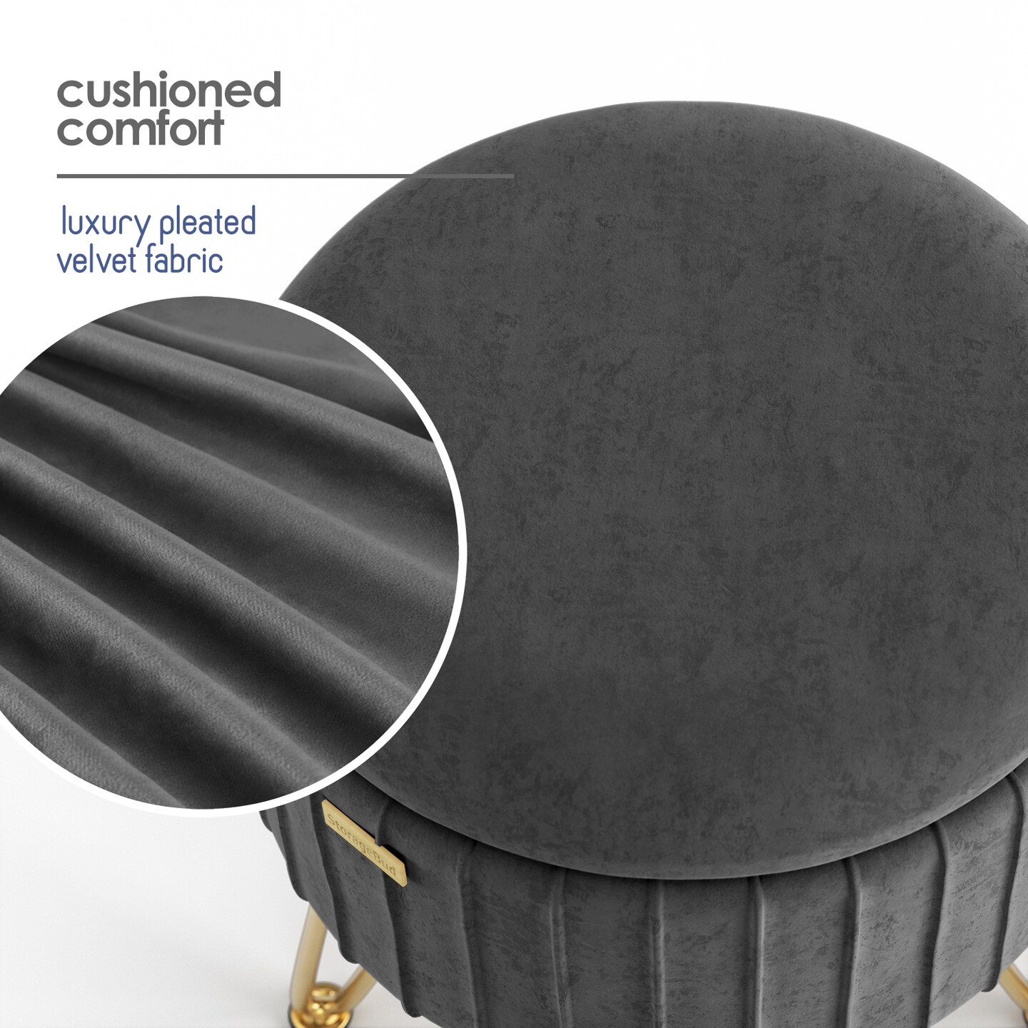 StorageBud Pleated Velvet Storage Ottoman