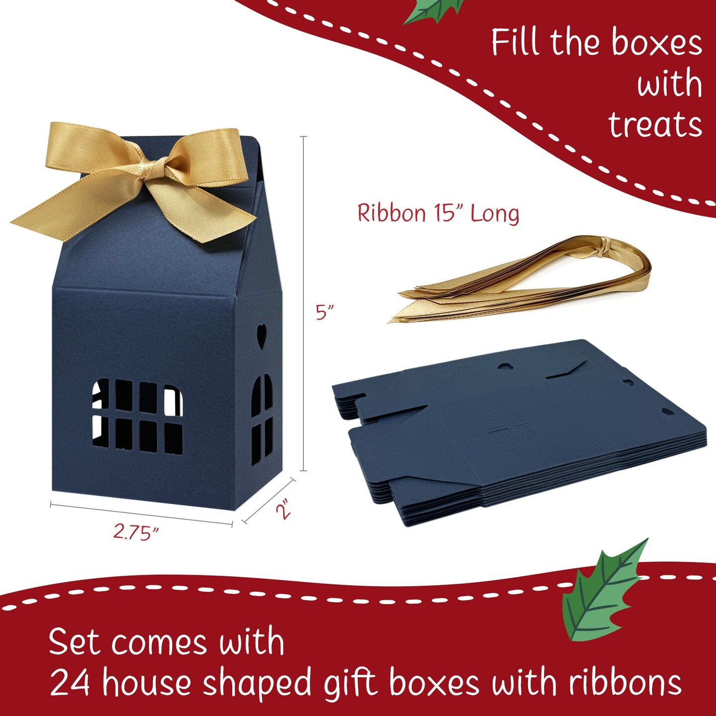 Wrapables House Shaped Gift Boxes with Ribbons for Weddings, Housewarming, Cookies, Candies, Treats, Party Favors (Set of 24), Blue