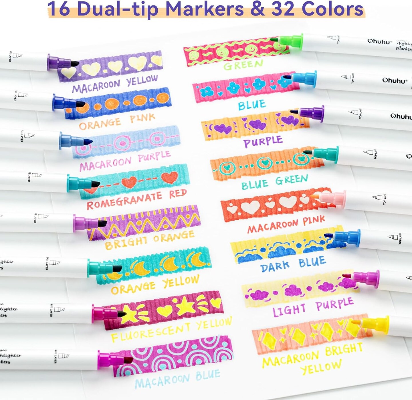 Ohuhu Markers Highlighters 16 Pack 32 Colors Dual Tips Double Colors Chisel &#x26; Fine Water-Based Highlighters Assorted Colors for Journaling Office School Supplies Bible Note Taking