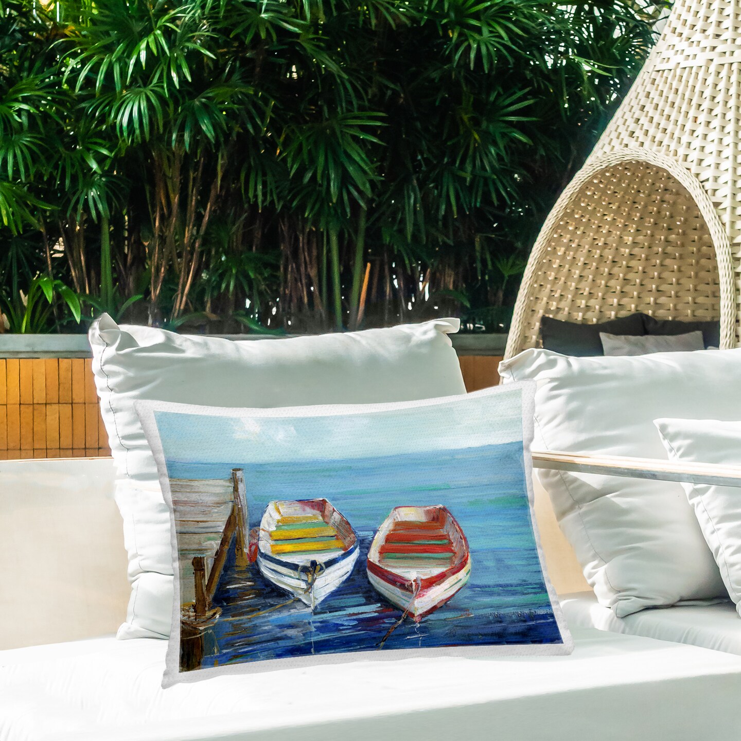 Twin Boats by Dock Outdoor Printed Pillow Design by Sally Swatland, 14 x 7 x 20