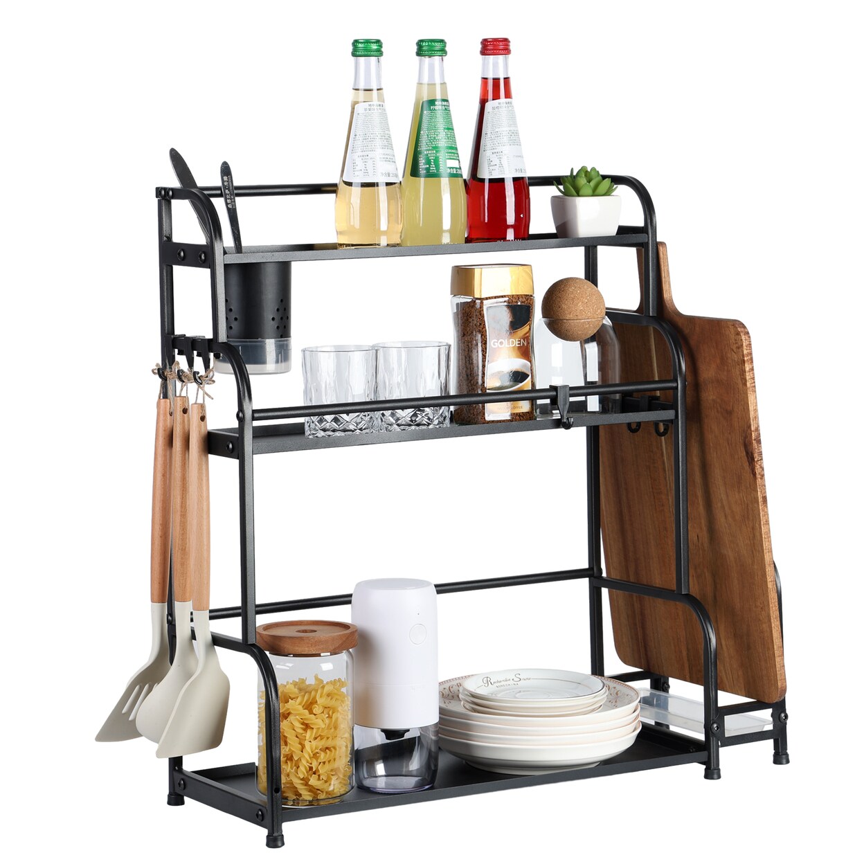 57Cm Standing Spice Rack Kitchen Countertop Shelf With Stepped Design Spice Organizer And Hooks Utensil Holder Chopping