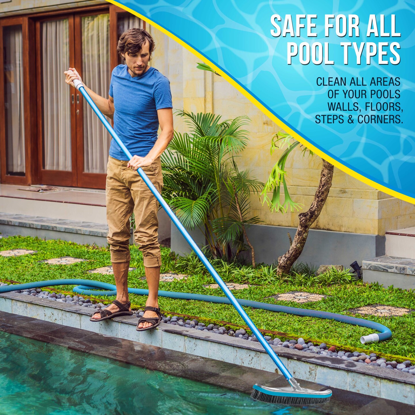 U.S. Pool Supply&#xAE; Professional 18&#x22; Stainless Steel Pool Algae Brush with Heavy Duty Aluminum Handle, EZ Clips - Durable Wire Bristles, Scrub &#x26; Remove Rust Stains Debris