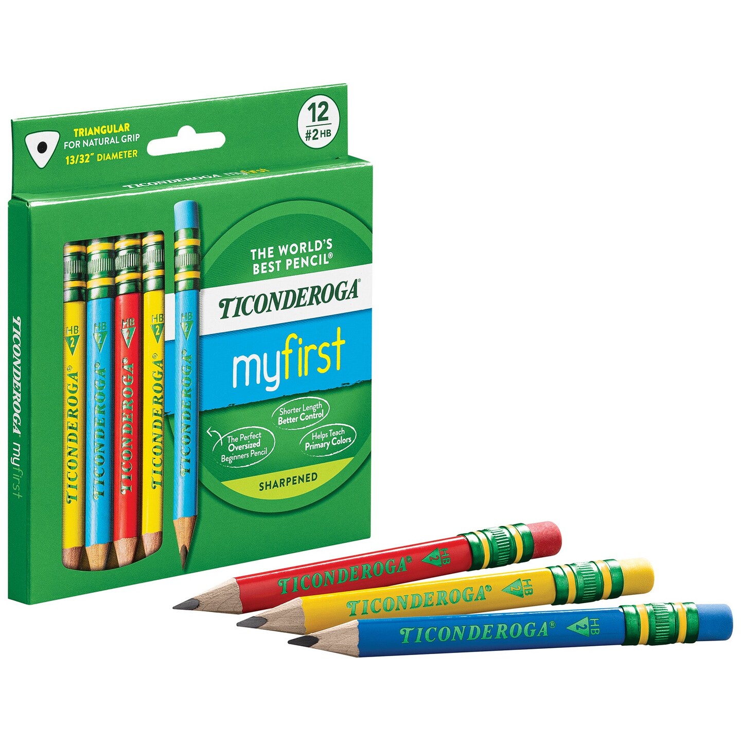 My First&#xAE; Short Wooden Pencils, Large Triangle Barrel, Sharpened, #2 HB Soft, With Eraser, Primary Colors, 12 Per Pack, 2 Packs