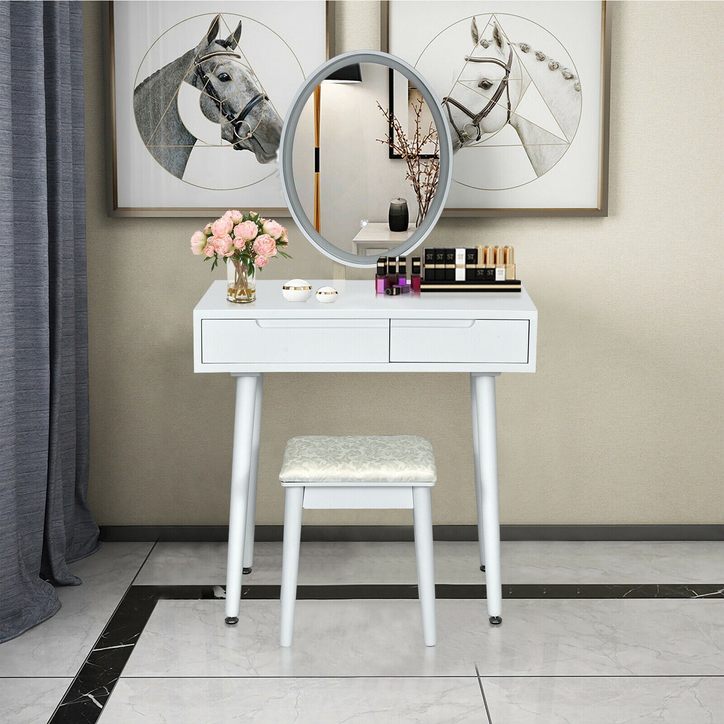 Touch Screen Vanity Makeup Table Stool Set with Lighted Mirror