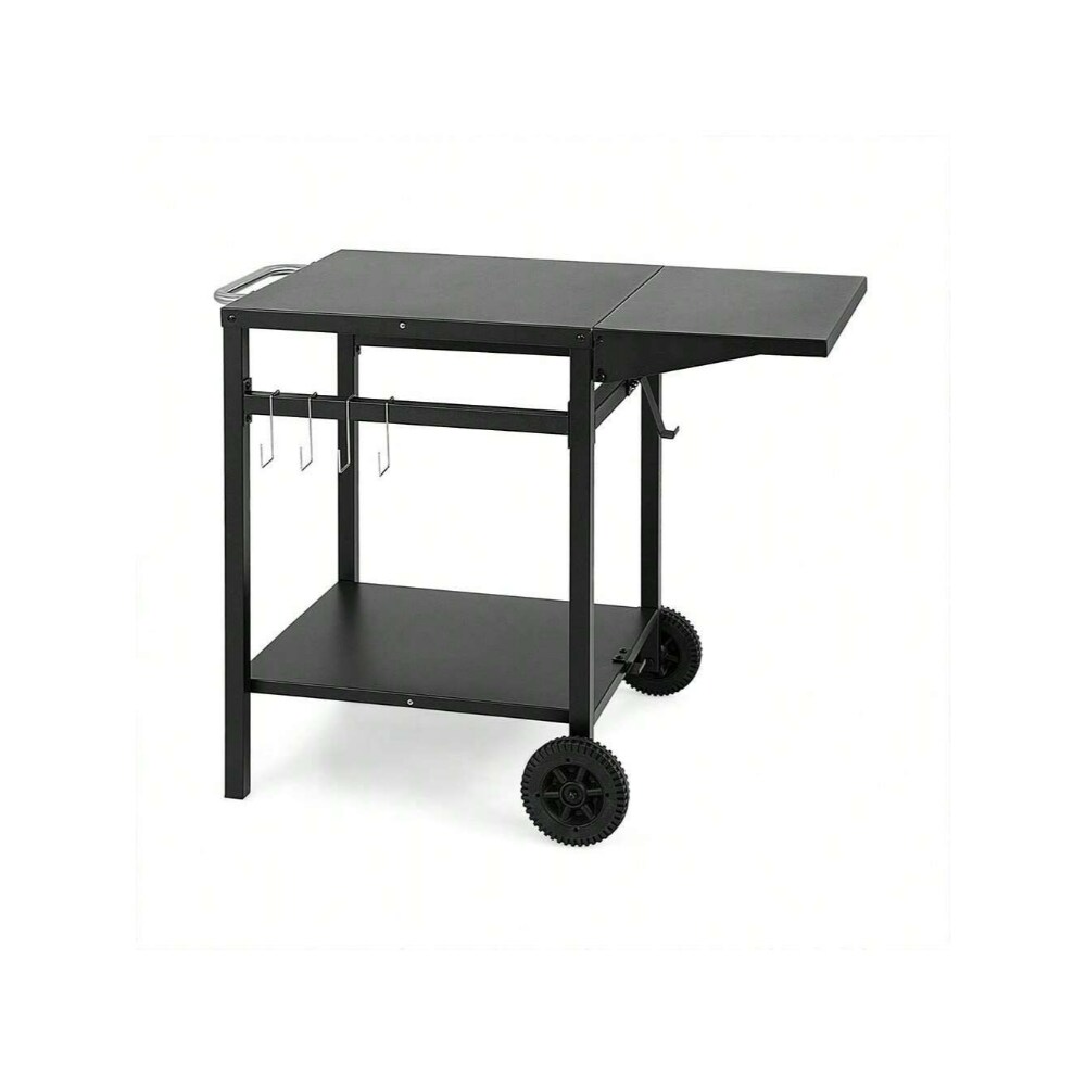 Black Movable Outdoor Grill Cart with Folding Tabletop and Hooks