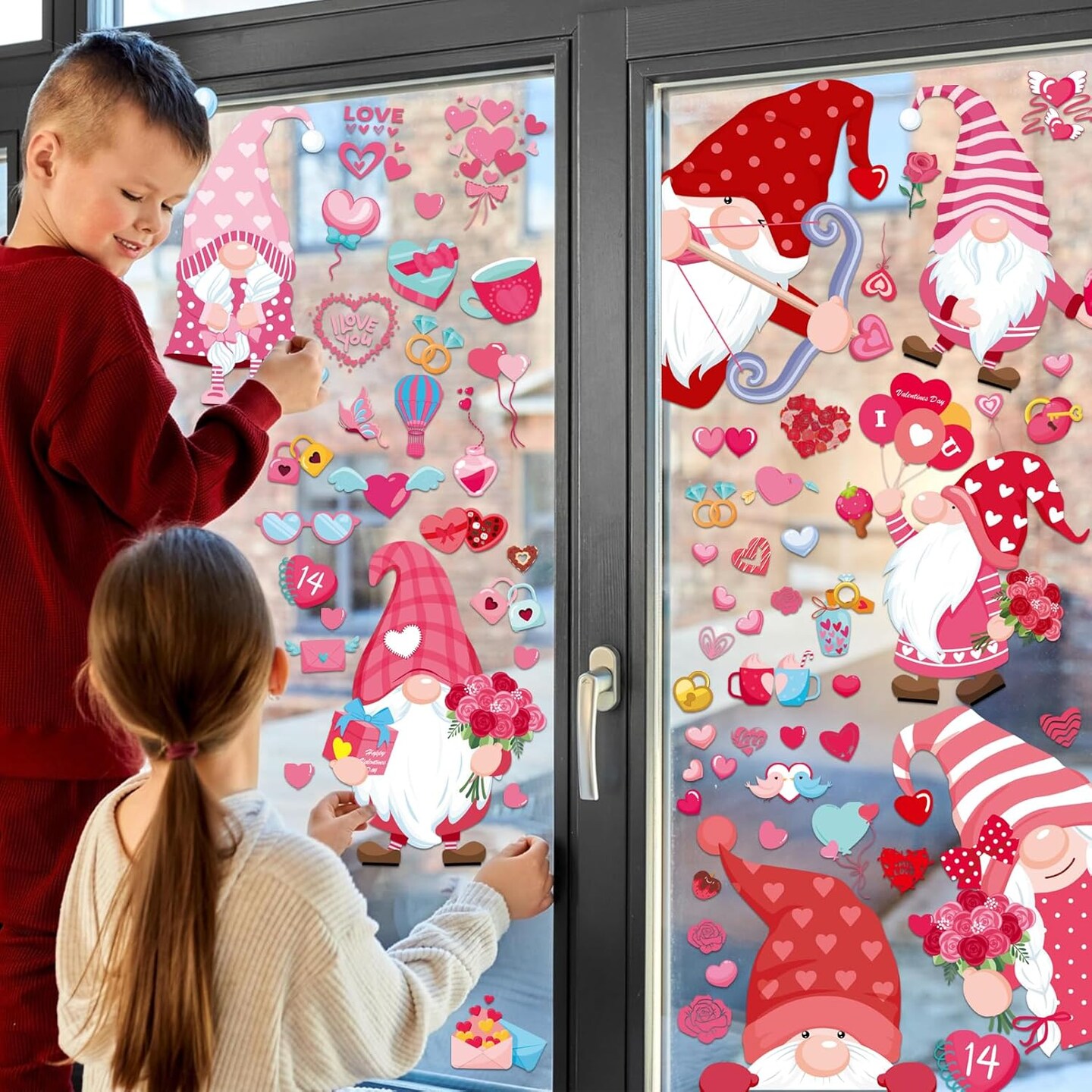 9 Sheets Valentines Day Decor Window Cling, 105PCS Valentine Stickers for Glass Windows, Large Valentine Gnomes Heart Window Decoration Decals