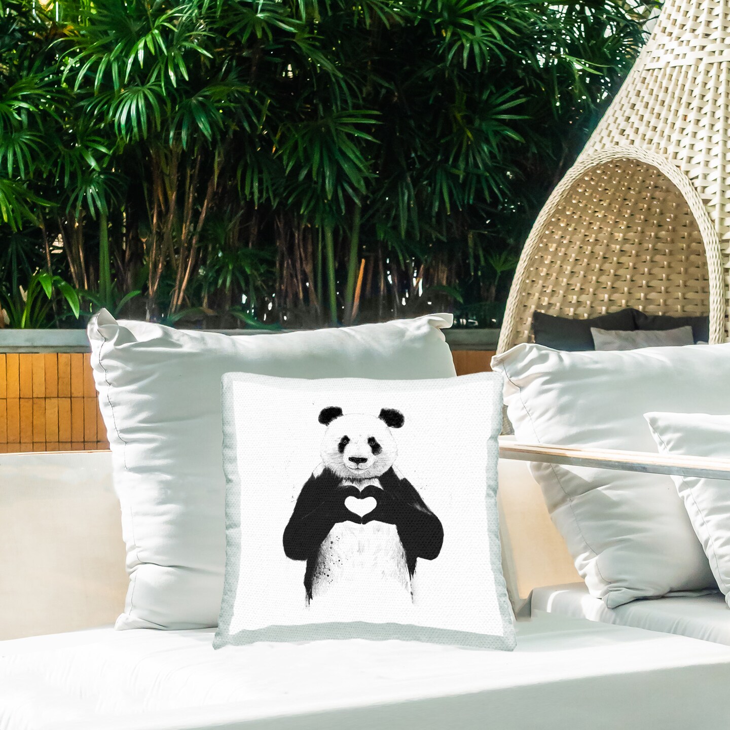 Panda & Heart Symbol Design by Balazs Solti Outdoor Printed Pillow