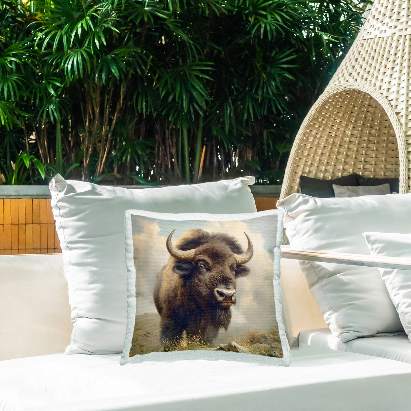 Strong Bison Horns Outdoor Printed Pillow Design by Steve Huntziker, 18 x 7 x 18