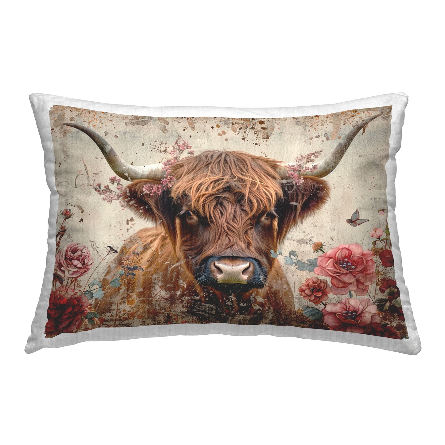 Highland Cow in Spring Decorative Printed Throw Pillow Design by LSR Design Studio, 14 x 7 x 20