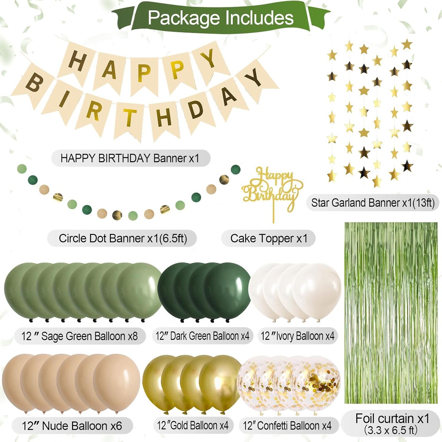 Sage Green Birthday Decorations Olive Green Happy Birthday Party Decorations Nude Retro Green Gold Balloon Banner Paper Pom Poms Greenery Neutral Rustic D&#xE9;cor Supplies Baby Girls Women