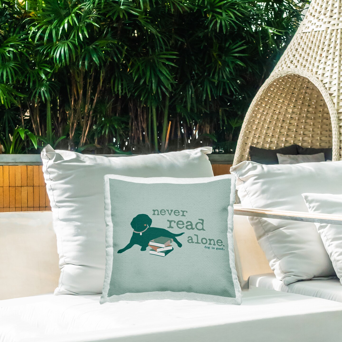 Never Read Alone Dog Outdoor Printed Pillow Design by Dog Is Good, 18 x 7 x 18
