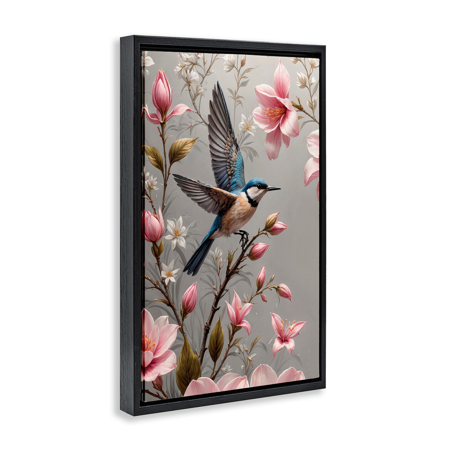 Stupell Industries Soft Pink Florals with Bird Framed Floater Canvas Wall Art Design by Yuri Khrushch