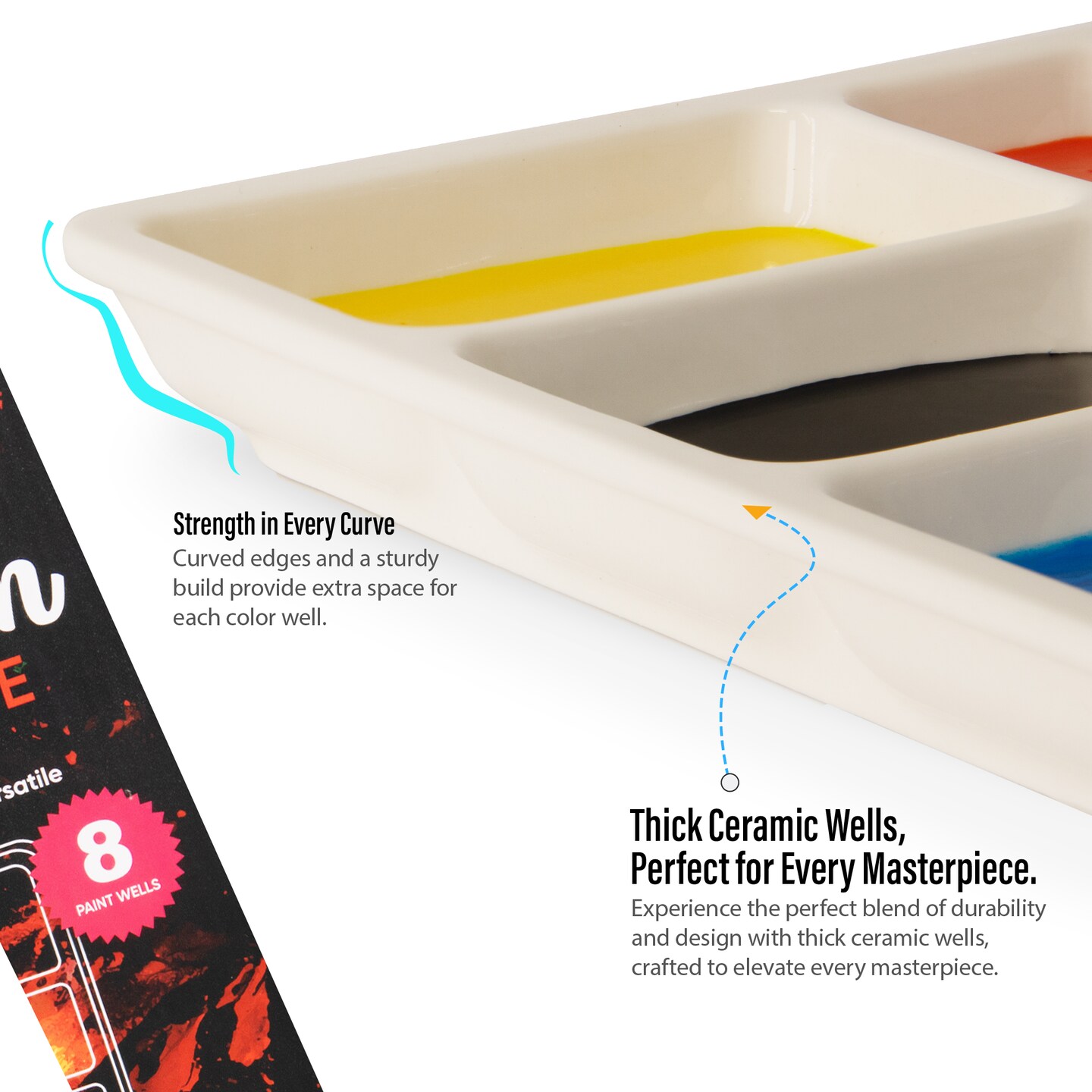 Pintar Ceramic Watercolor Paint Palette Tray - 8 Well Ceramic Palette | 7&#x22;&#xD7; 7&#x22;&#xD7; 0.9&#x22; Paint Pallet | Durable Watercolor Palette Tray for Oil, Acrylic, Gouache &#x26; All Water-Based Paints