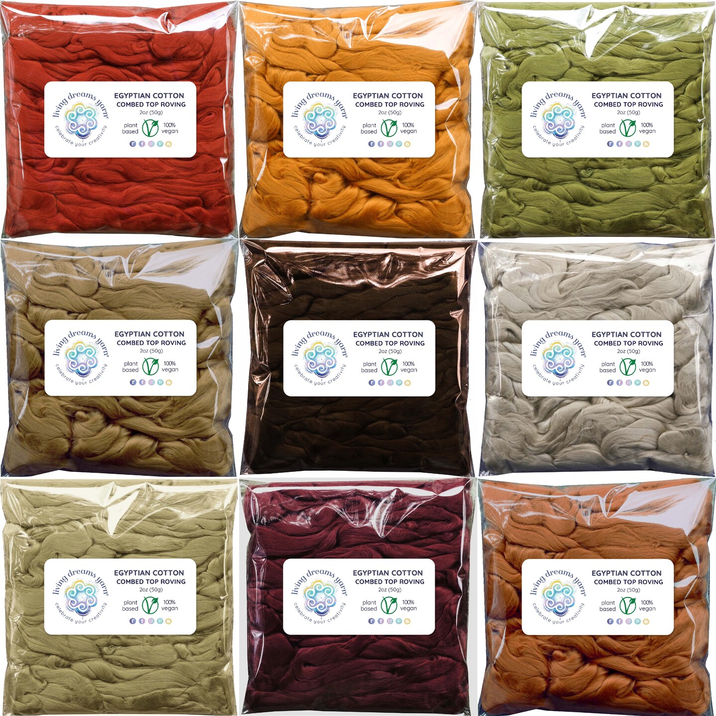 Egyptian Cotton - Beautifully Dyed Vivid Colors, Combed Top Roving for Spinning, Blending, Felting, Weaving.