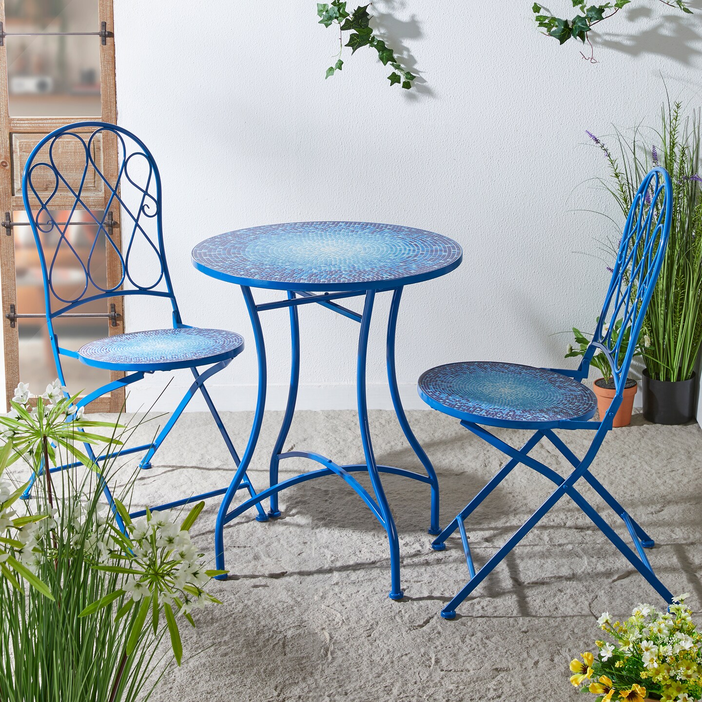 Set of 3 Outdoor Metal and Ceramic Tile Folding Bistro Set