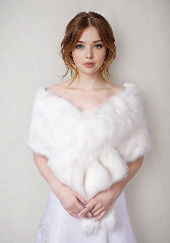 Light Ivory White Faux Fur Shawl (Lilian Ivy03) | MakerPlace by