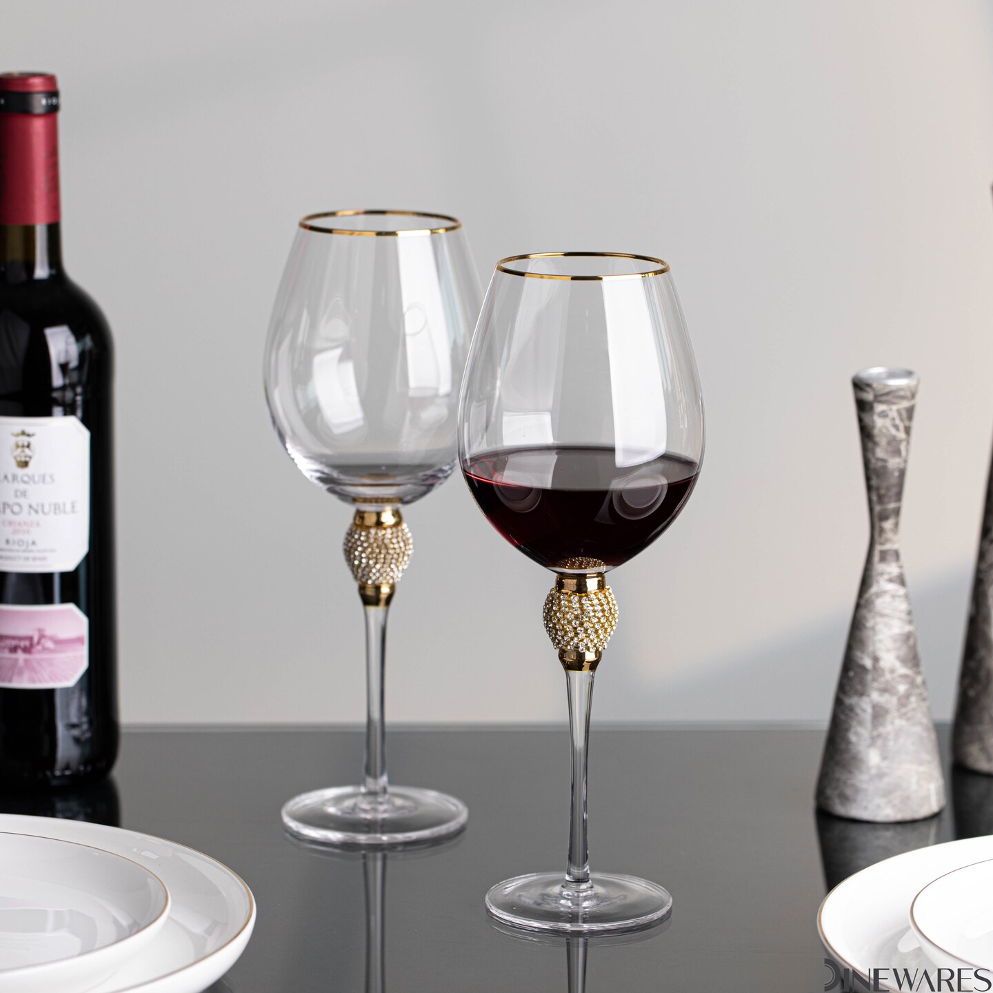 Rimmed Red Wine Glasses with Diamond Rhinestone Accent - 18 oz, 10 Inches Tall - Perfect Toasting Glasses for Bride and Groom, Great for Party, Wedding Anniversary and Special Occasion