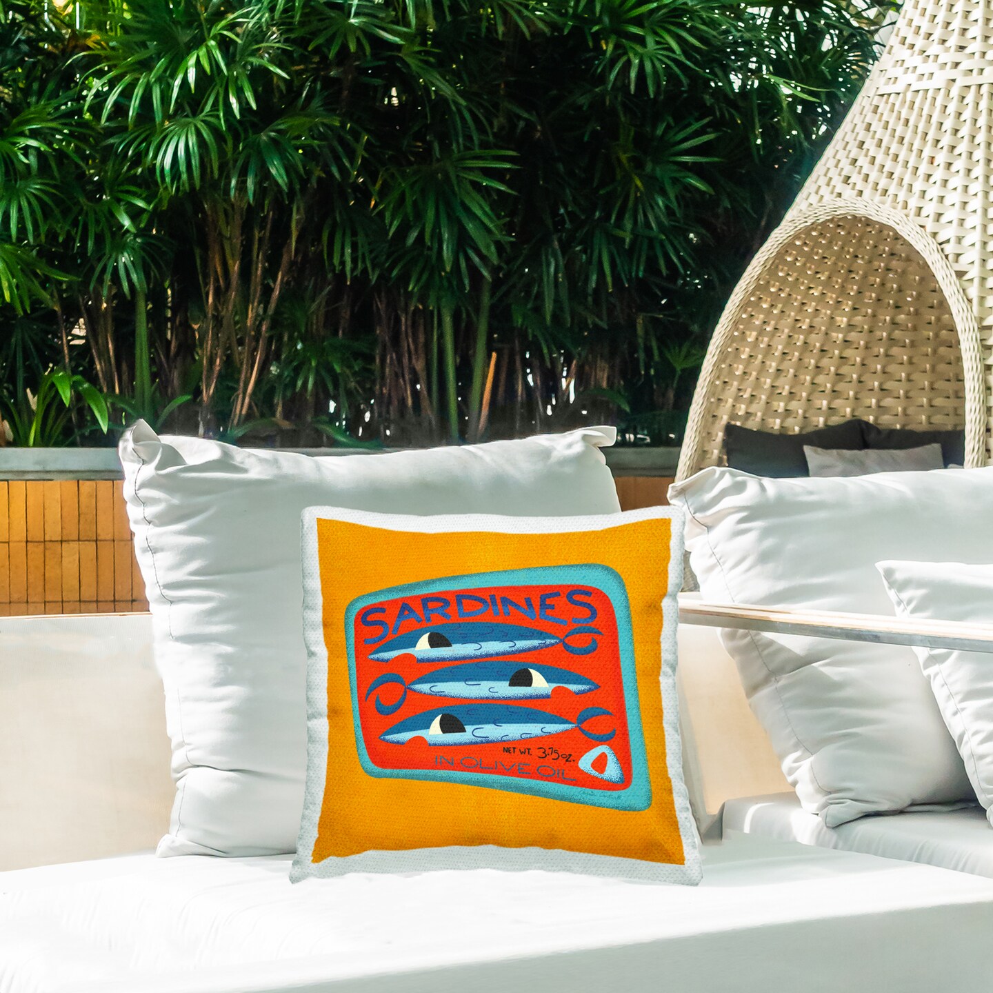 Bright Hued Sardine Can Outdoor Printed Pillow Design by Carrie Cantwell, 18 x 7 x 18