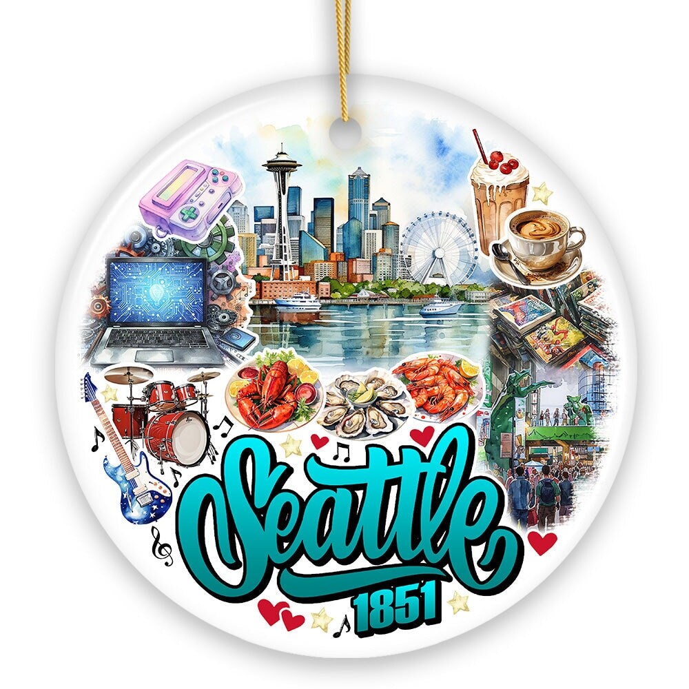 Unique Seattle Watercolor Ceramic Ornament, Washington State Souvenir and Christmas Decor