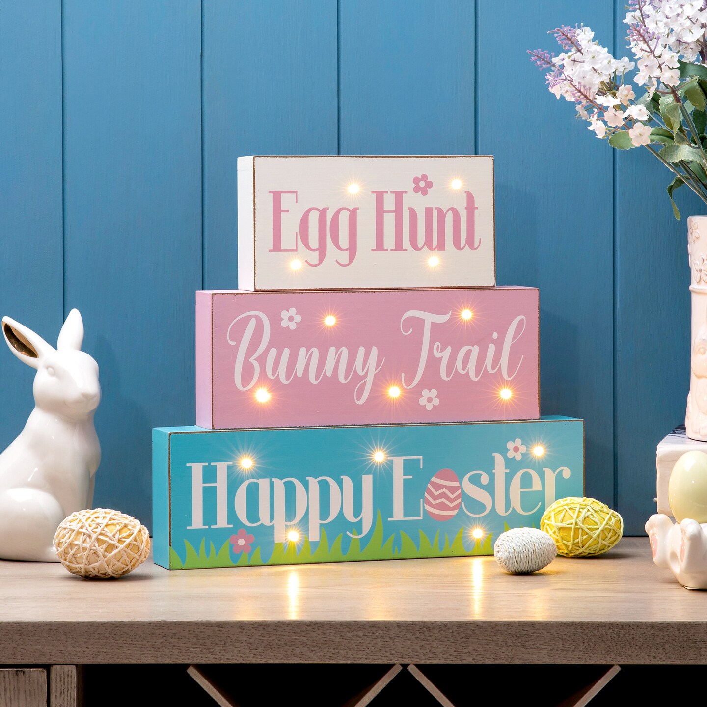 Set of 2 12"L Easter LED Lighted Wooden/Metal Block Word Sign (14 Bulbs)