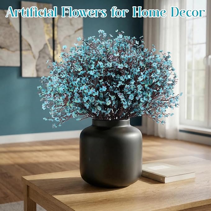 24 PCS Babys Breath Artificial Flowers Bulk, Real Touch Gypsophila Faux Silk Flowers for Vase Wedding DIY Home Table Centerpiece Indoor Outdoor Spring Decorations (Blue)