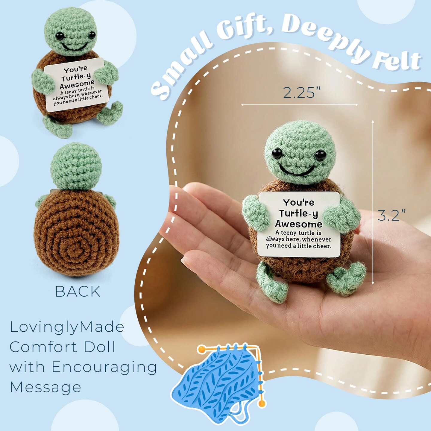 Wrapables Emotional Support and Inspirational Gift, Crochet Doll with Positive Words Card, For Appreciation, Inspiration, Turtle