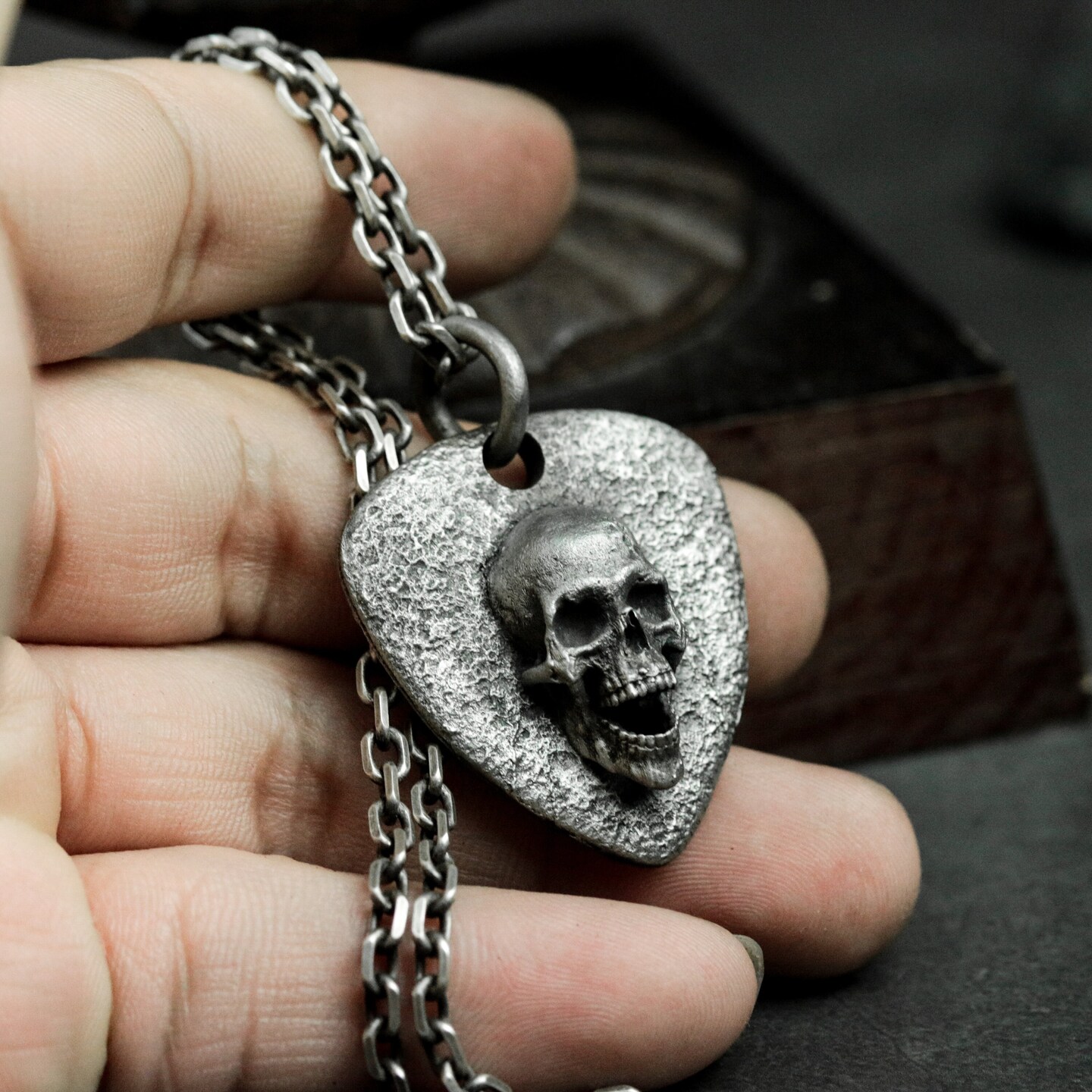 Skull Guitar Pick Pendant: 925 Sterling Silver Rocker Necklace