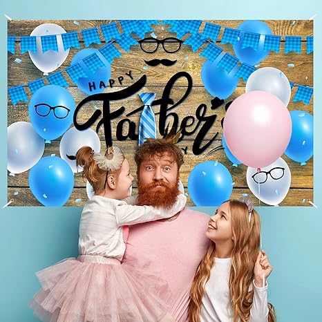 Happy Fathers Day Backdrop Father Day Photography Happy Father’s Day Party Decorations Favors and Supplies Tie Beard Blue Balloon Wood Panel Backdrop Father’s Day Indoor Outdoor Decorations