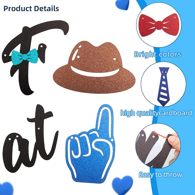 Glitter Happy Father's Day Banner Set - 2-Pack Metallic Hanging Bunting Garland with Tie & Beer Graphics | Pre-Strung Heavy 400g Cardstock Sign for Fireplace Mantle, Wall Party Decorations, Photo Props