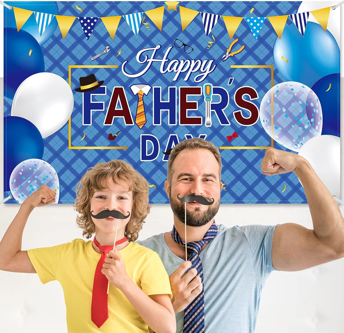 Happy Father’s Day Banner Decorations – 73" x 43" Large Polyester Fabric Backdrop Sign with Rope, Father’s Day Party Decoration for Indoor Outdoor Yard Home Decor