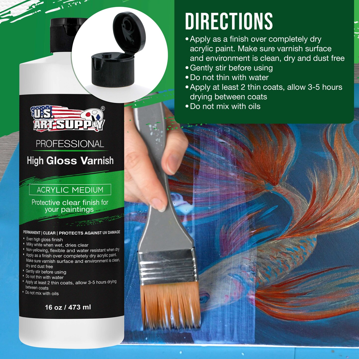 16 oz High Gloss Varnish for Acrylic Paintings - Clear Protective Finish with UV Protection