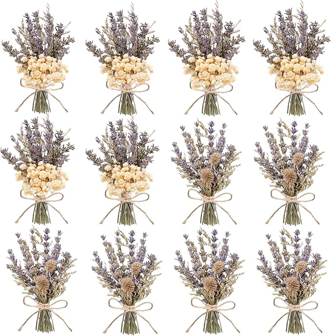 12pcs Lavender Bouquet, Mini Dried Flower Bouquet, Natural Lavender, Groom & Best Man Corsage, 4.5 Inches