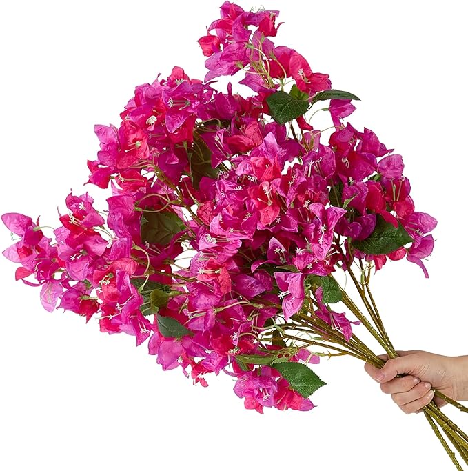 30 Inch Silk Bougainvillea Artificial Flowers,UV Resistant,Pack of 10 pcs, 30 Branch, Faux Flower Stems,Fake Bougainvillea Vines, Using for Wedding & Porch & Home & Party & Garden Decor(Purple Red)