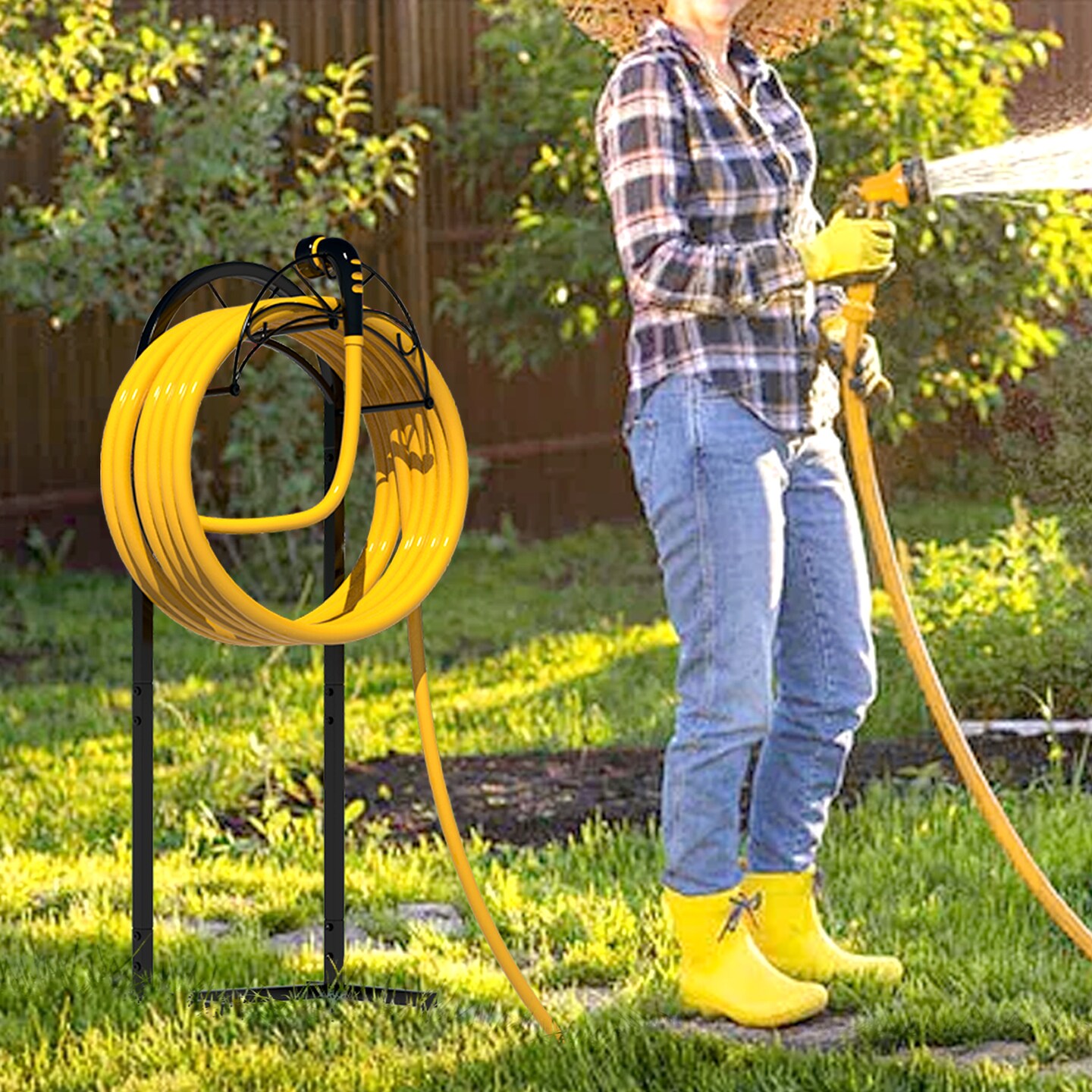 Freestanding Garden Hose Holder, Metal Water Hose Stand with Ground Stakes
