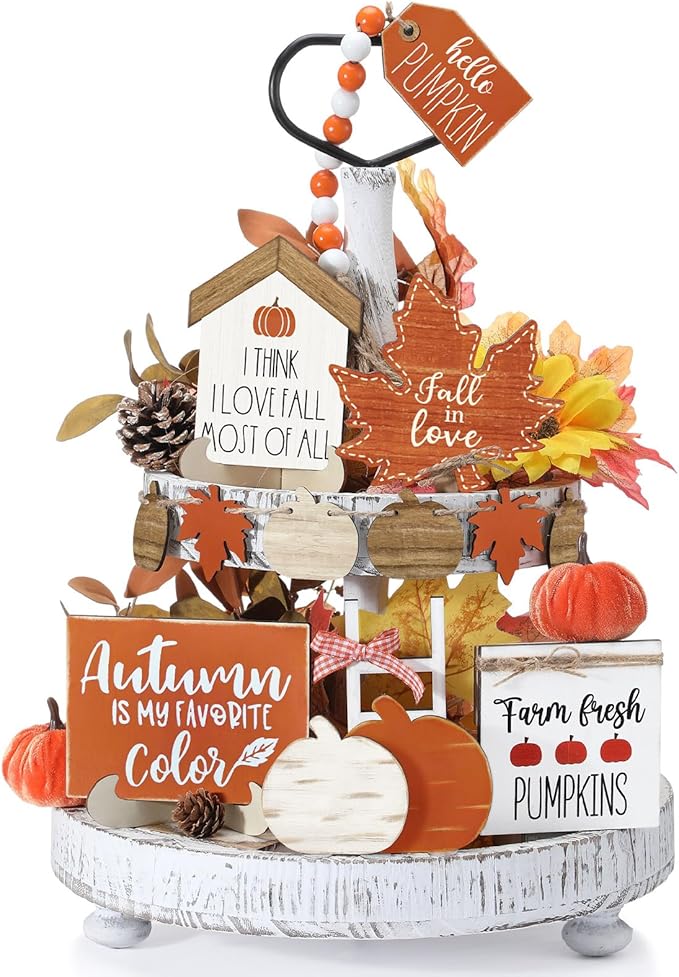 Citrus; 18-Piece Fall Tiered Tray Decor Set – Rustic Pumpkin & Maple Leaf Wooden Signs, “Hello Fall” Farmhouse Tabletop Decorations for Kitchen, Dining Table, Mantel & Autumn Home Styling; Category:Fall Tabletop Decor; Image:1