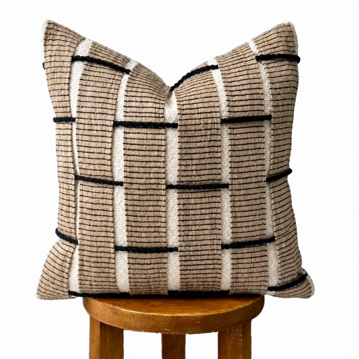 Boho Textured Pillow Cover 18x18, Cream and Black Woven Throw