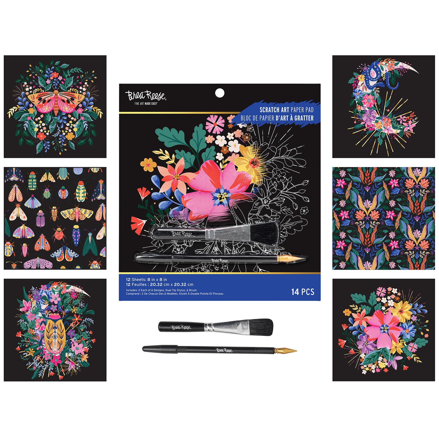 Brea Reese: Scratch Art Paper Pad - Mystical - 12 Designs, 8x8" Tear Out Pages, Metallic Guided Art Kit, Adult Craft Activity, Mindful Relaxation