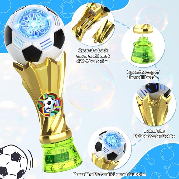 Bubble Machine for Kids – Soccer Trophy Automatic Bubble Blower Wand with 2 Solution Refills, LED Light Up Bubble Maker Blaster, Outdoor Summer Toys Birthday Gift for Boys Girls Ages 3-12