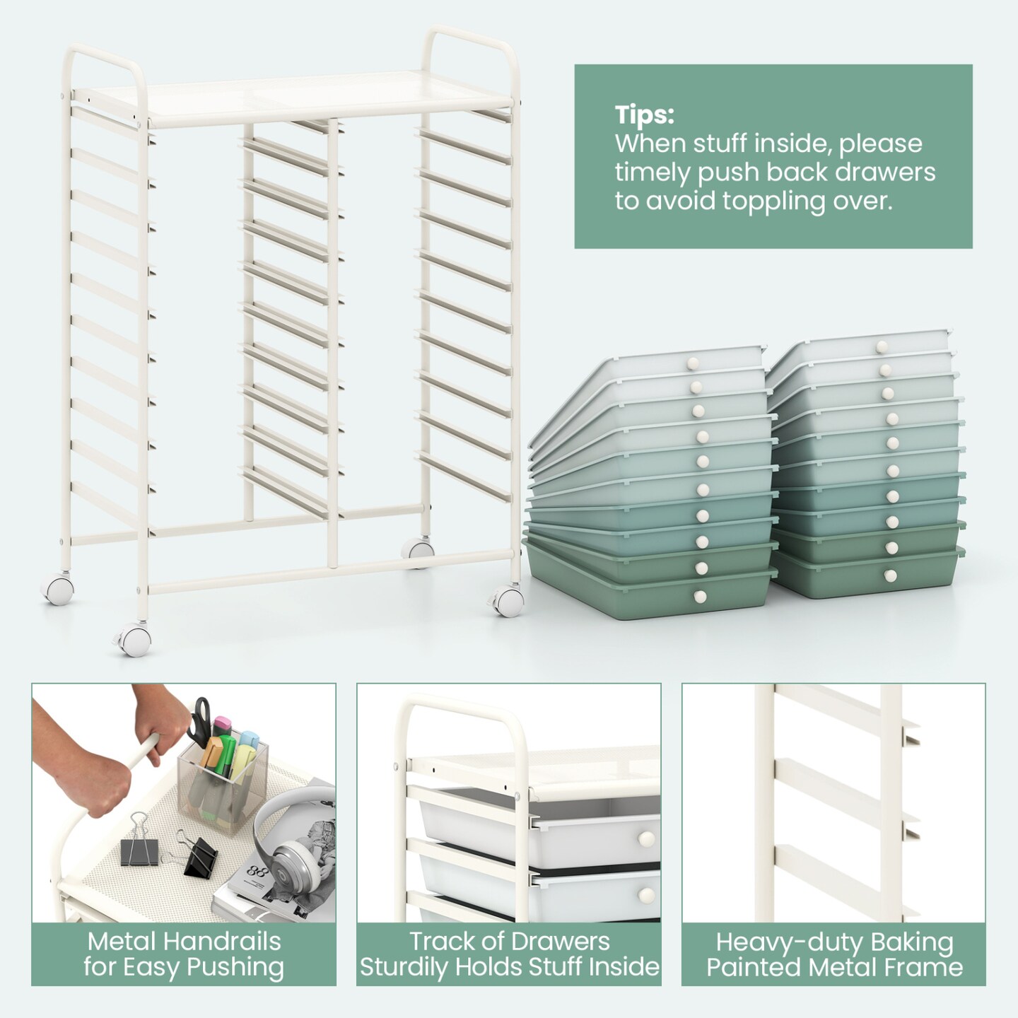 Space Saving Storage Organizer Cart with 20 Plastic Drawers and Mobile Wheels for Organizing Small Items at Home