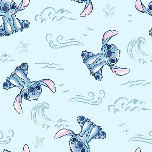 Licensed Disney Prints - Stitch Sketch Waves Light Blue Cotton Fabric by the Yard