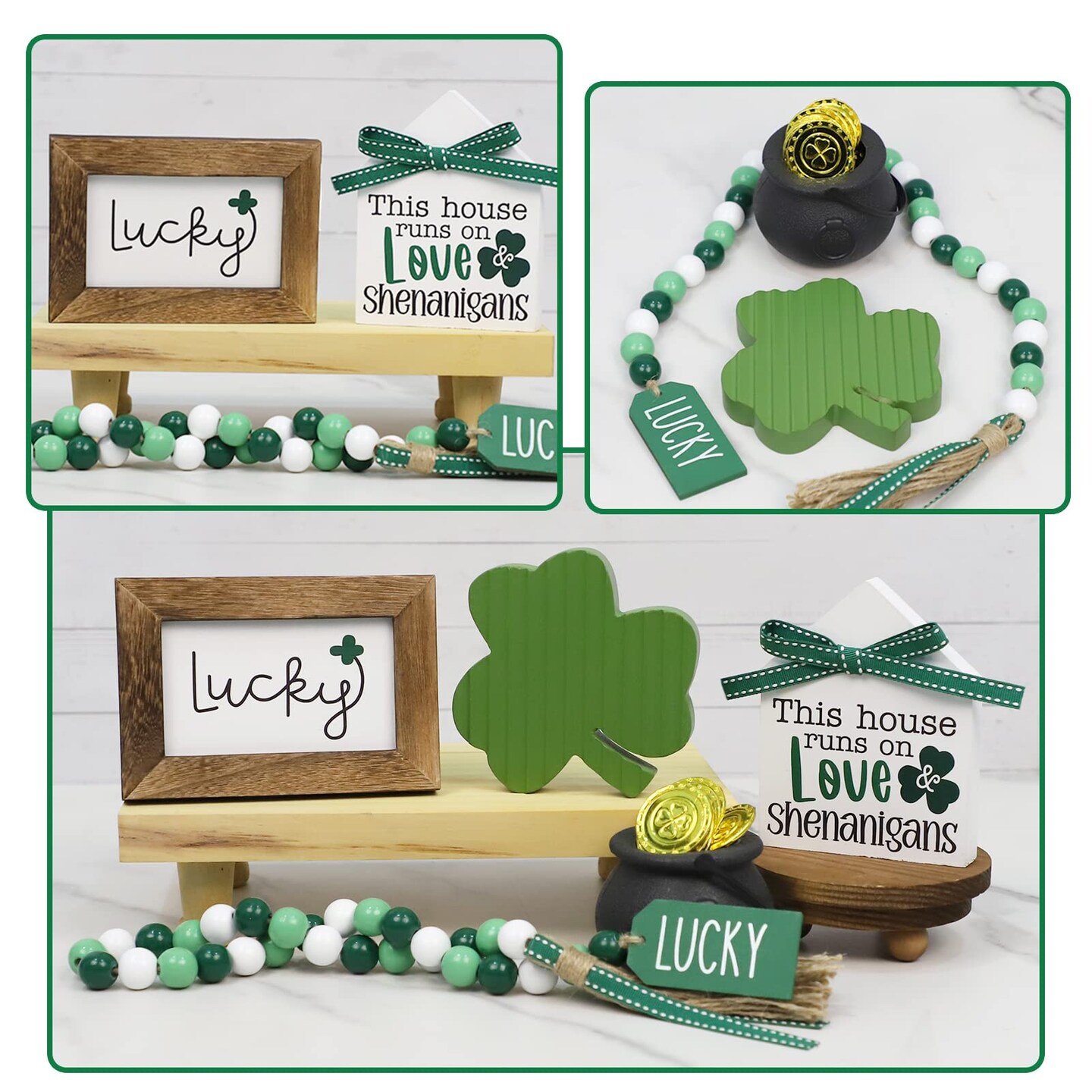 St. Patrick's Day Decorations, Lucky, Shamrock, Pot of Gold, Bead Garland, House Shape St. Patrick's Day Wooden Signs for Table Shelf Decor
