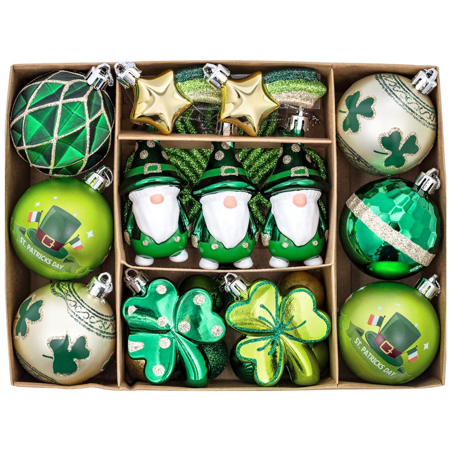 St Patricks Day Decorations Shamrock Tree Ornament,30pcs Hanging Ball Ornament Gnome Decor for Irish Festival, Good Luck Clover Emerald Green Gold Christmas Ball for Party Home Spring