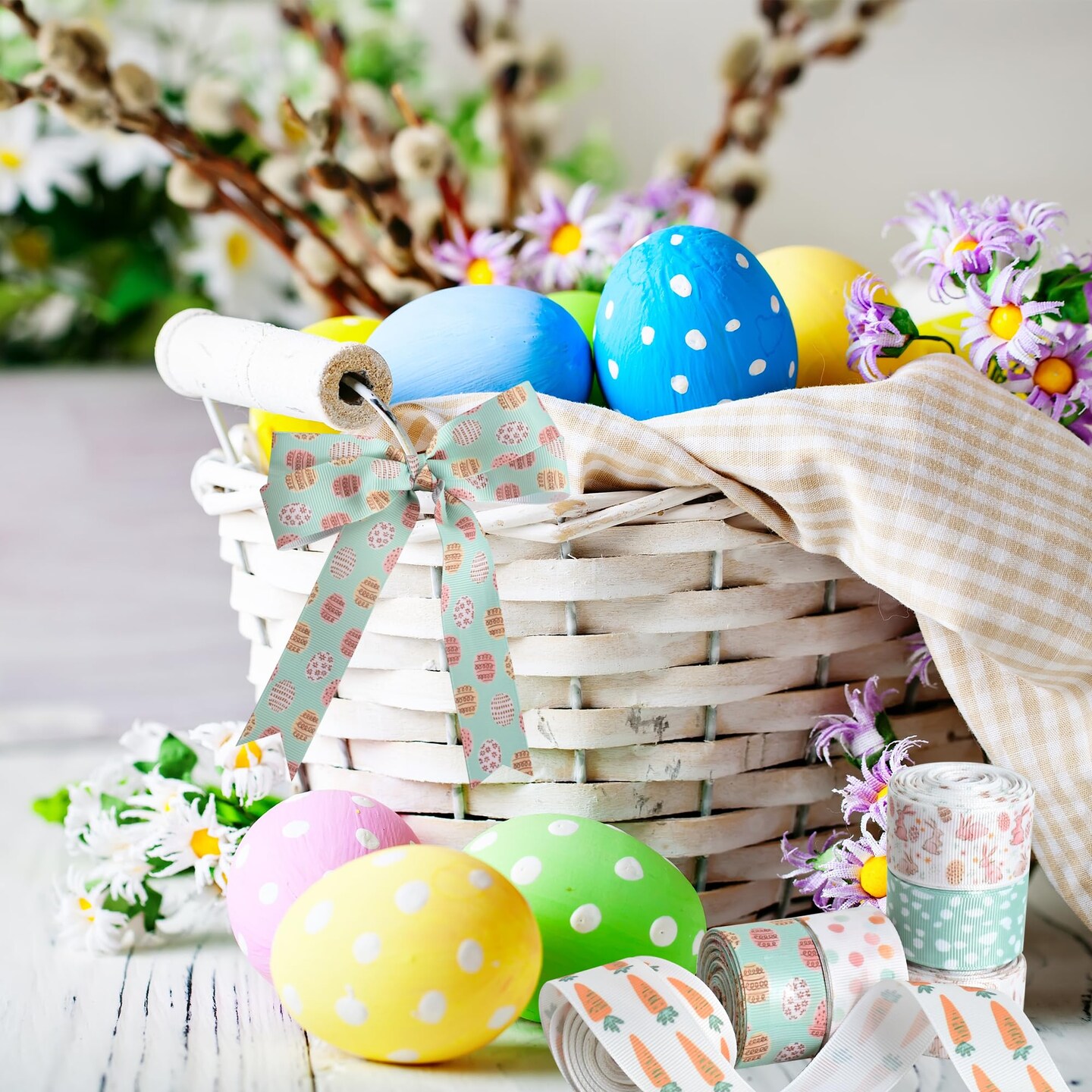 6 Rolls 1 Inch Easter Grosgrain Ribbon with Eggs/Rabbits/Carrots/Dots Pattern for Handmade Crafts, Wreaths and Gift Wrapping, Basket Decor, Bows Making, Easter Day Decoration (5 Yards/roll)