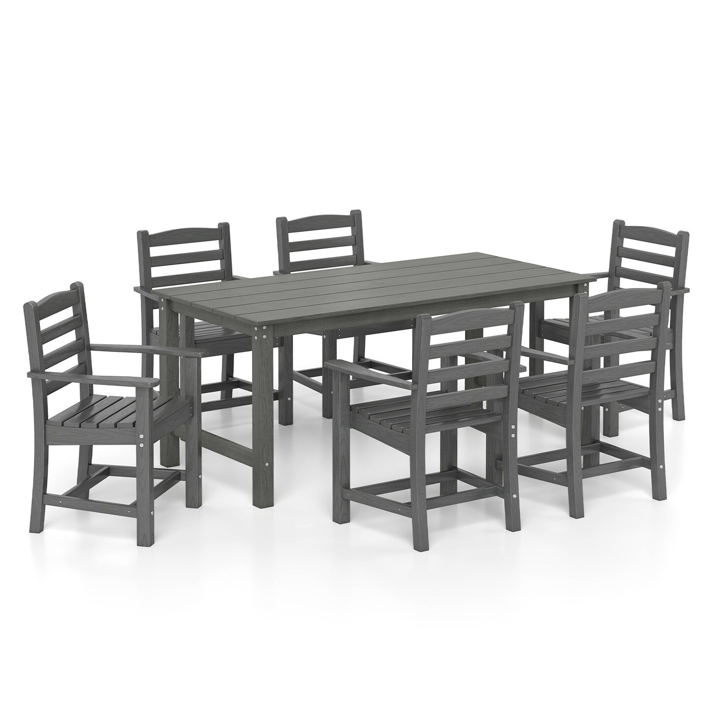 67 Inch HDPE Outdoor Dining Table Set for 6 People with 6 Armchairs