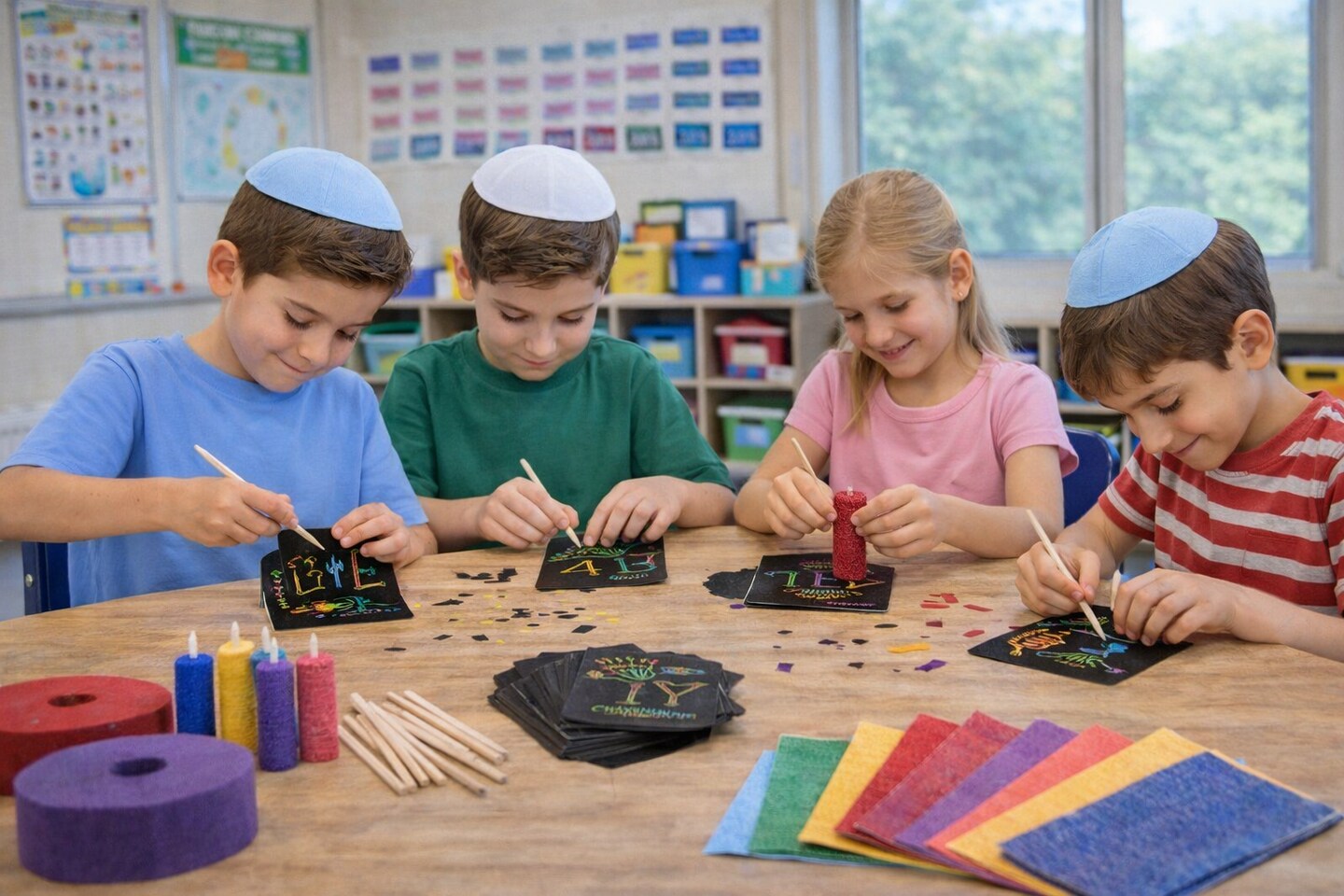 Chanukah Scratch Art Paper Kit, 24 Cards – Hanukkah Kids Craft Activity with Wooden Styluses