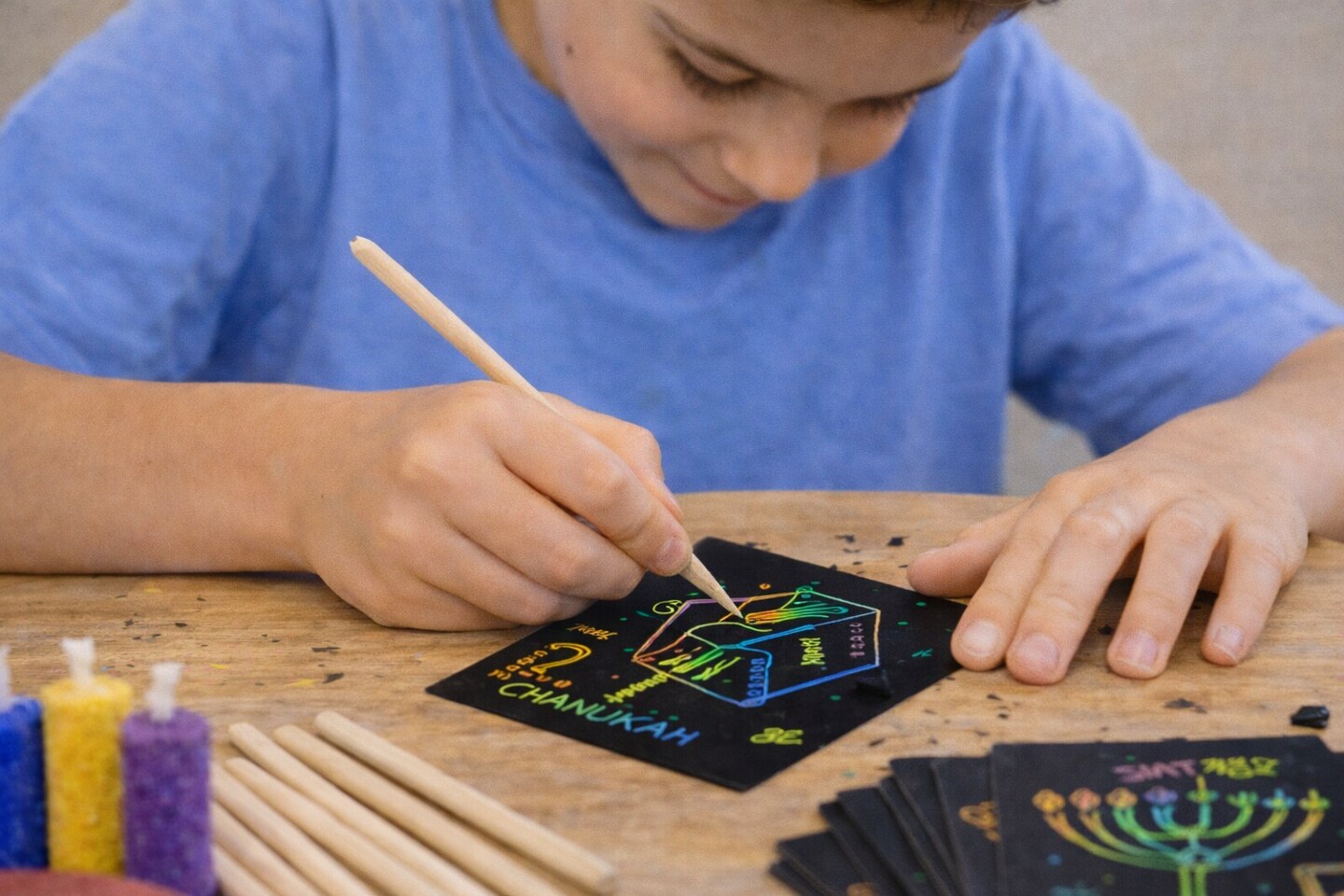 Chanukah Scratch Art Paper Kit, 24 Cards – Hanukkah Kids Craft Activity with Wooden Styluses